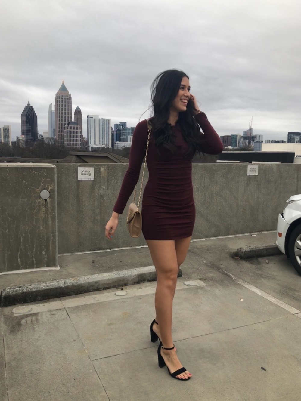 Express Ruched Long-Sleeve Mini Dress — Burgundy